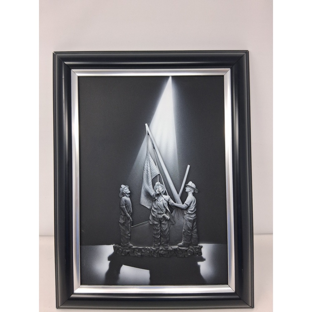 Firefighters Raising Flag 3D Relief Wall Art 9/11 Memorial Framed Monochrome